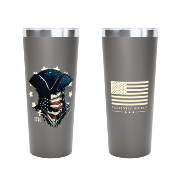 bold patriotic graphics on stainless steel tumbler. grey